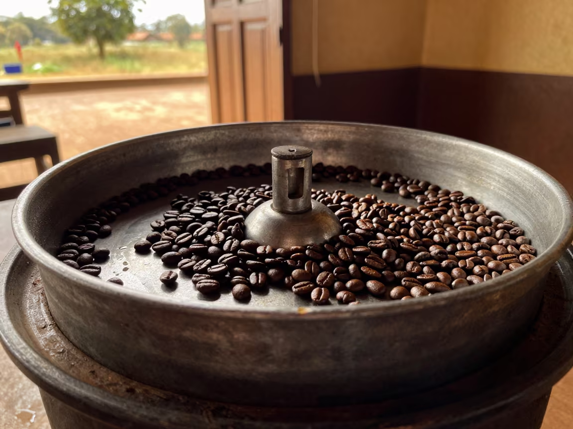 Coffee beans tumbling in drum at Harare tea house in on a tea house tray in Harare