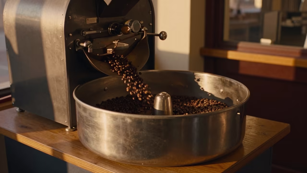 Coffee beans tumbling in drum at Jerusalem cafe in on a small cafe table by a window in Jerusalem
