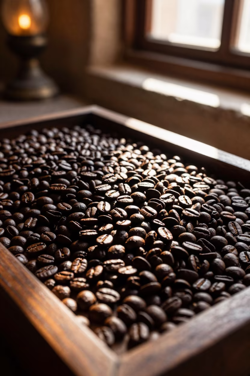 Coffee beans tumbling on tea tray Sana'a in on a tea house tray in Sana'a