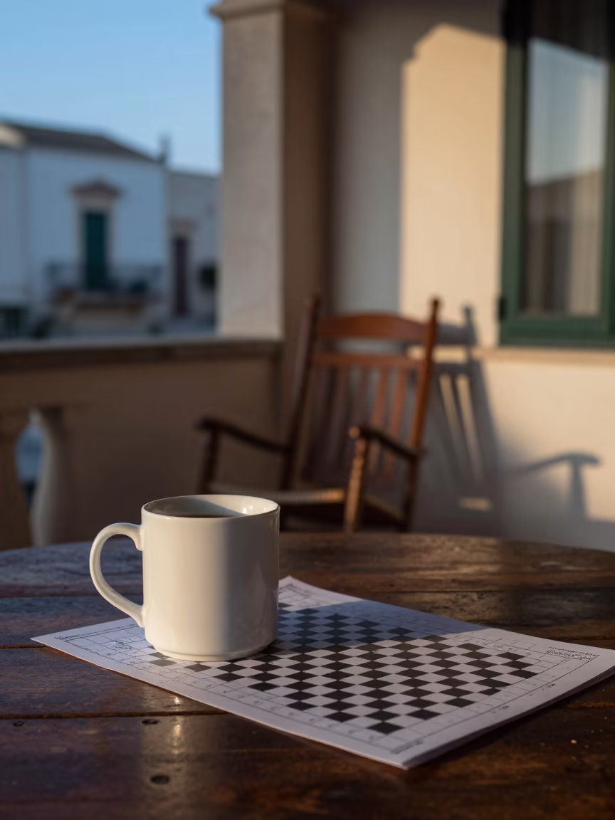Coffee and Crossword at Dawn on Foggia Porch in on a porch with a rocking chair in Foggia