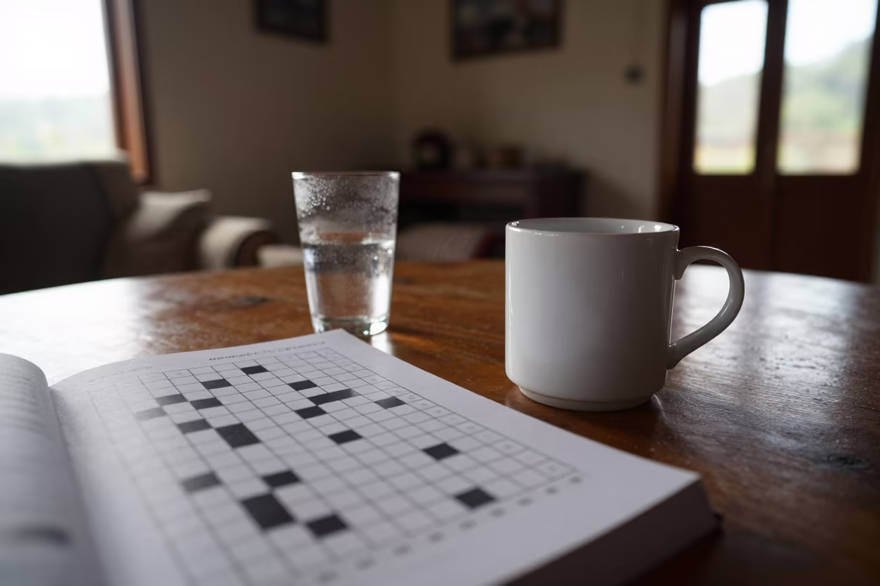 Coffee and Crossword at Dawn in Myitkyina Living Room in in a sunlit living room near Myitkyina