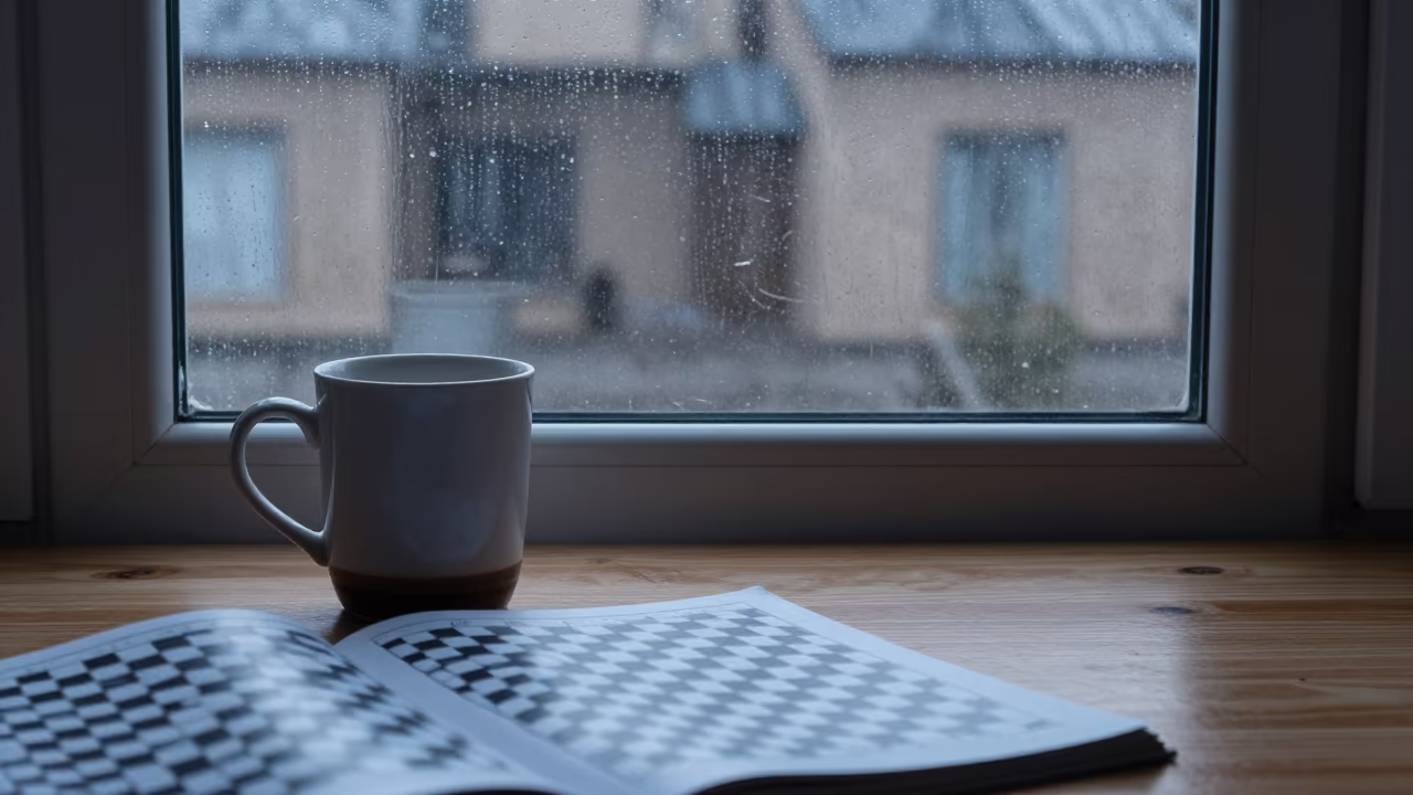 Coffee and Crossword at Dawn in Tabriz in beside a rain-streaked window near Tabriz