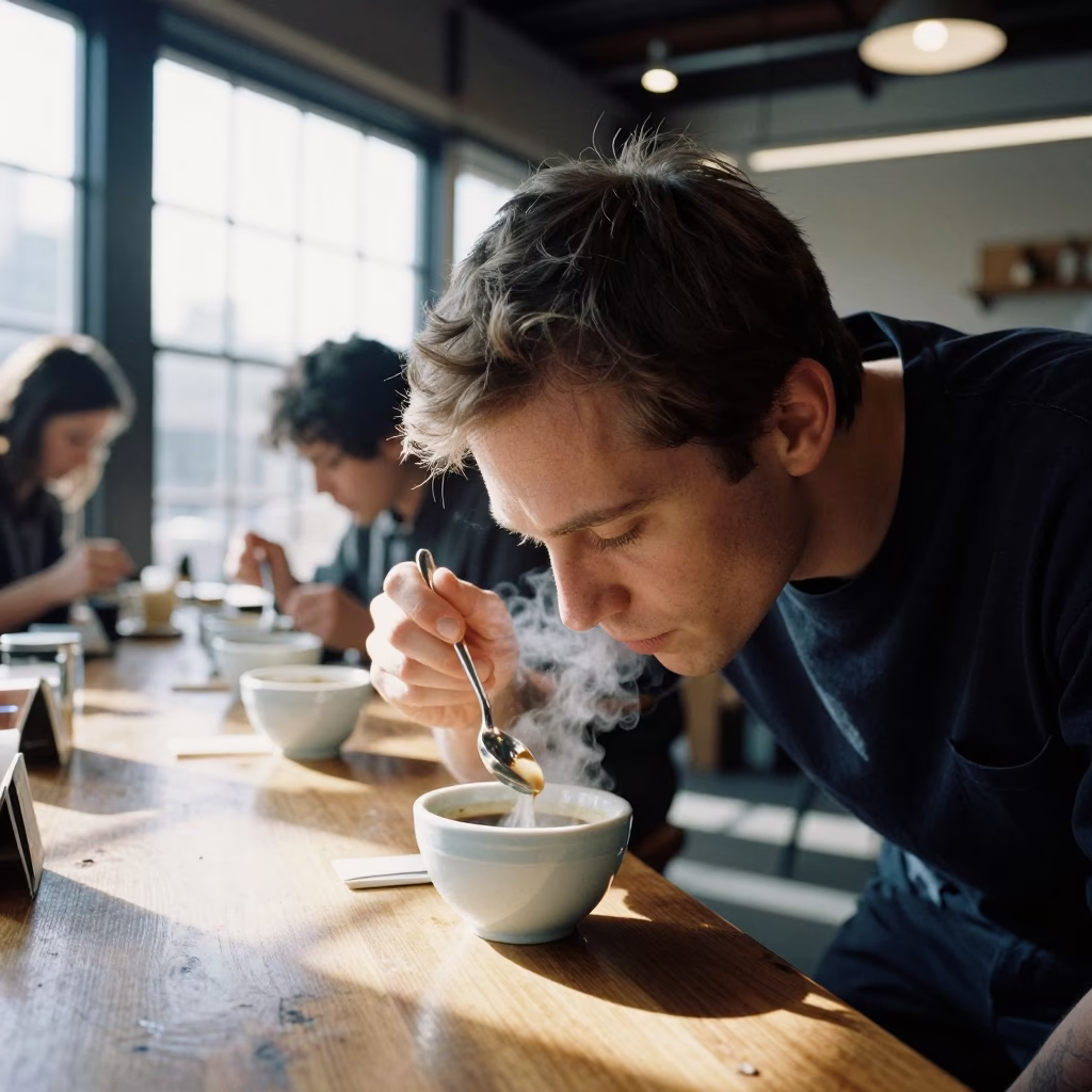 Coffee Cupper Slurping from Silver Spoon Midday Portland Oregon Cafe Scene in in Portland, Oregon, United States