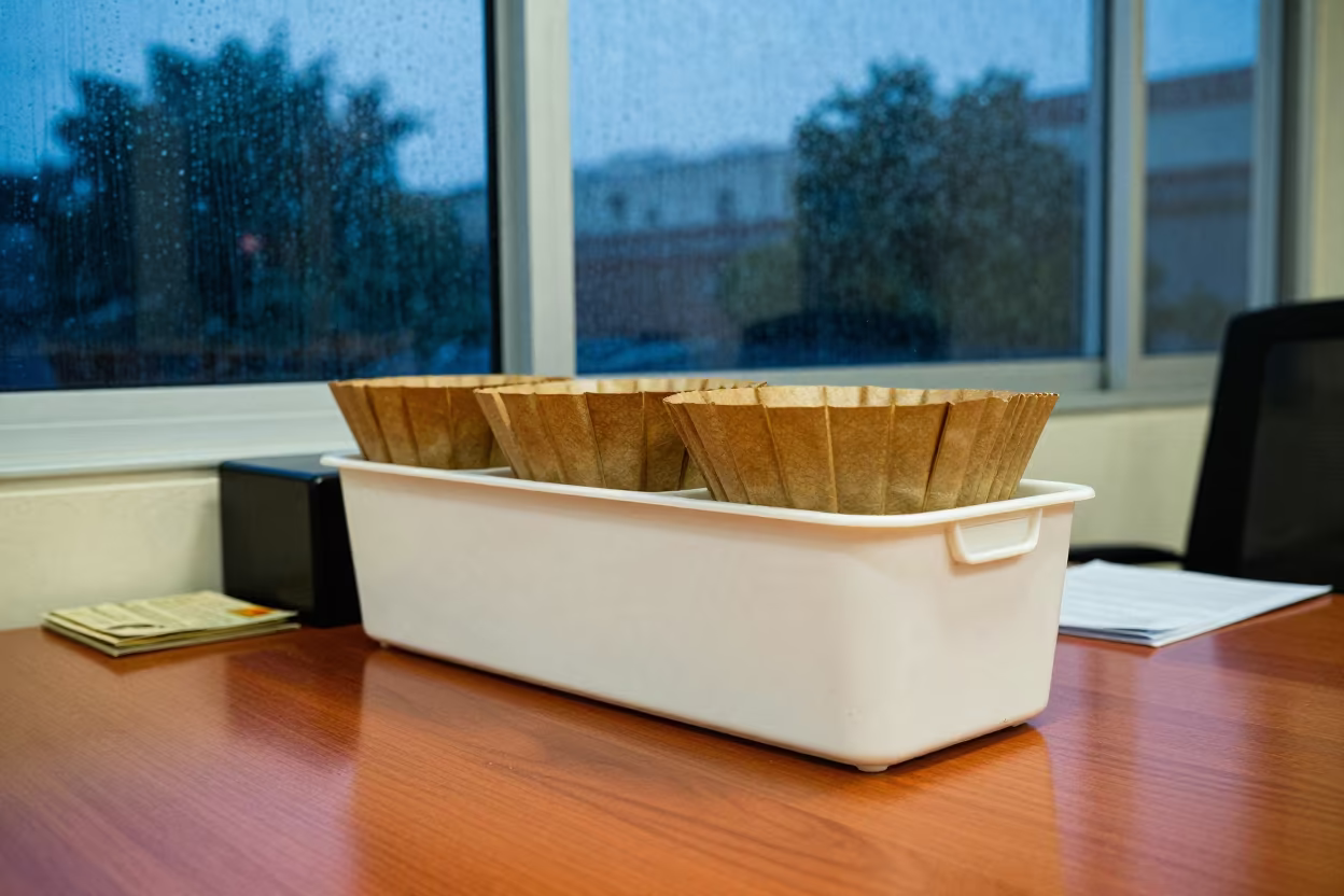 Coffee Filter Bin on Boardroom Table in at a boardroom table before a meeting in Jabalpur