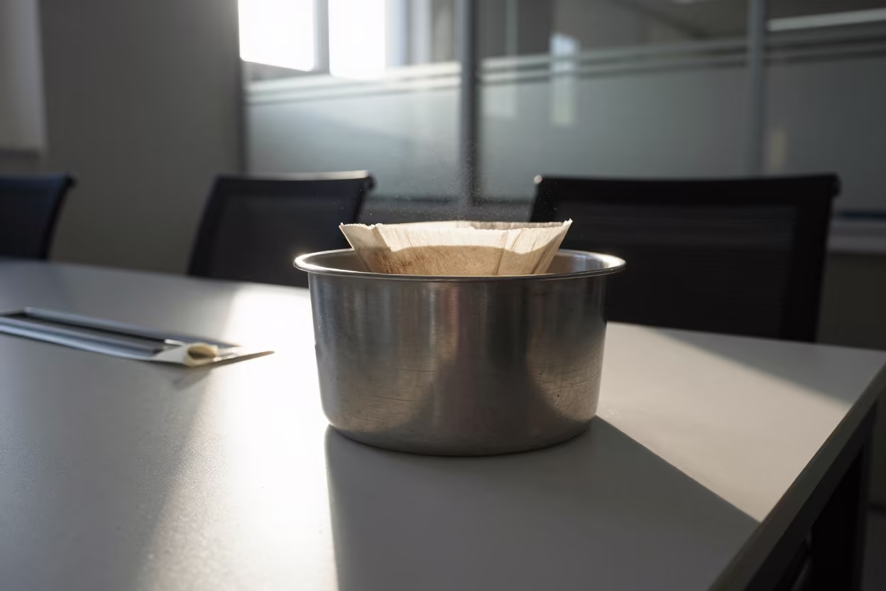 Coffee Filter Bin on Kinshasa Boardroom Table in at a boardroom table before a meeting in Kinshasa