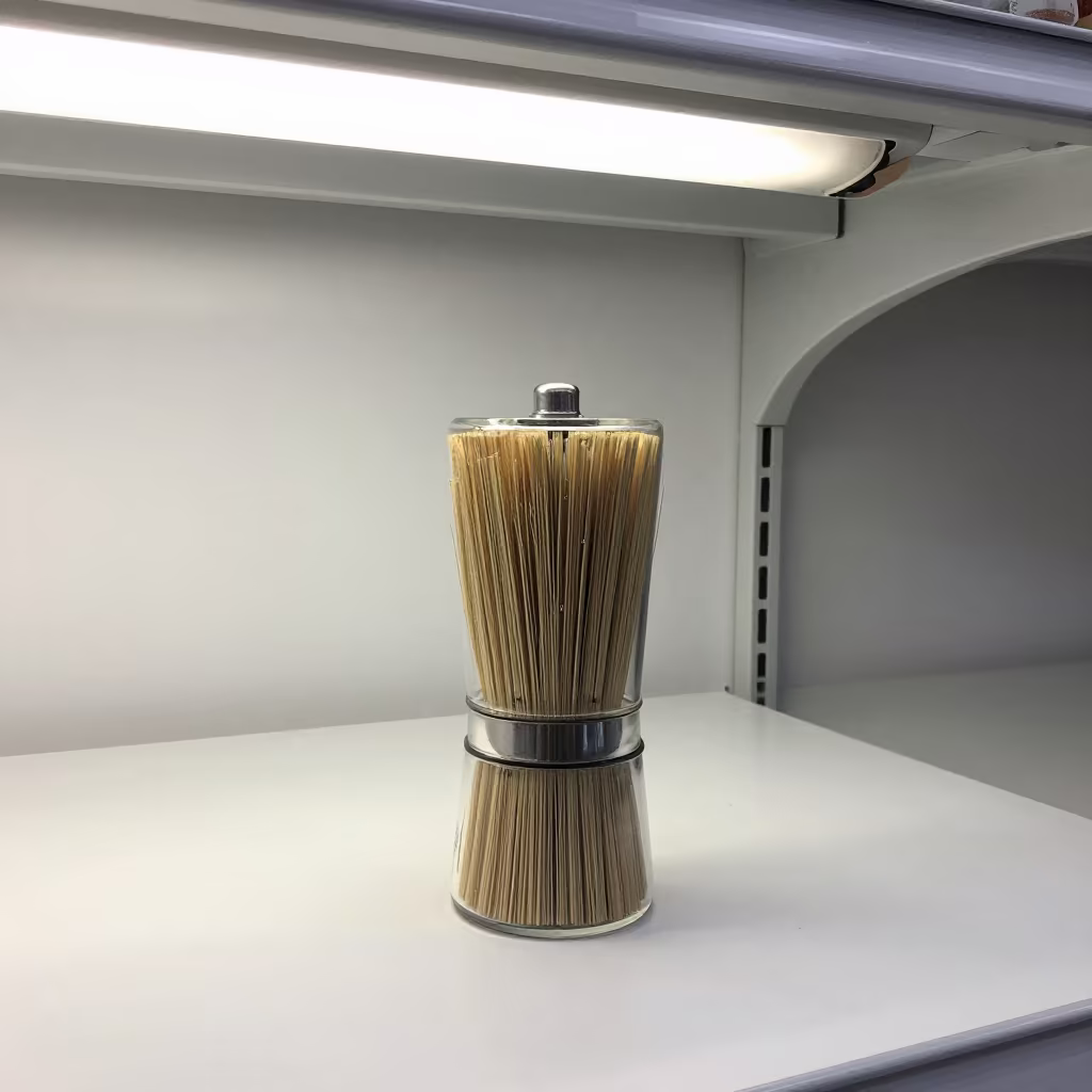 Coffee Grinder Brush Jar in Stockroom Light in inside a stockroom behind the sales floor near Okara