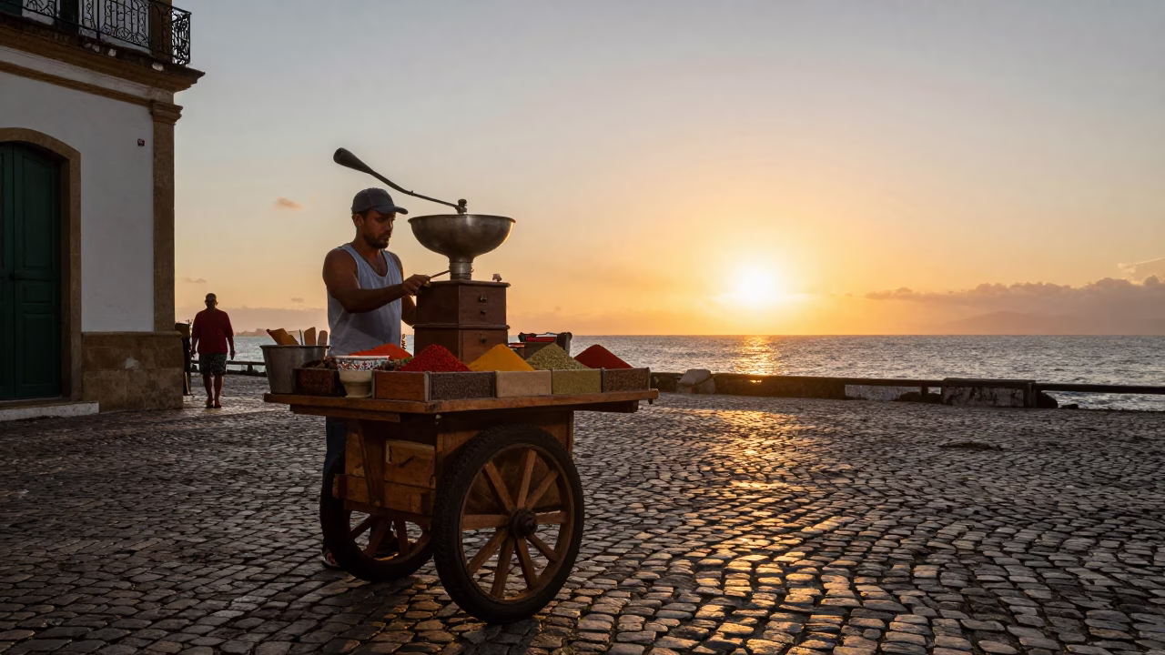 Coffee in Salvador at As The Sun Drops Toward The Horizon in in Salvador, Brazil
