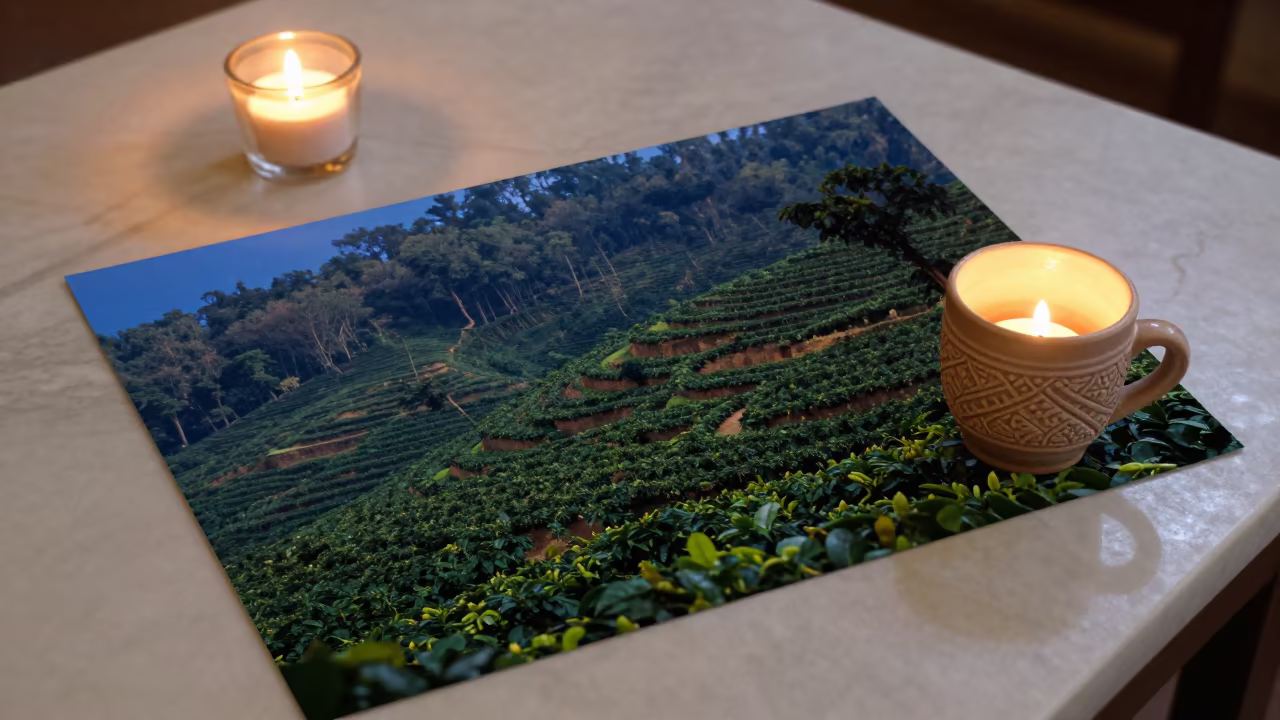Coffee Plantation Terraces in Winter Candlelight in on a marble cafe table in Varanasi