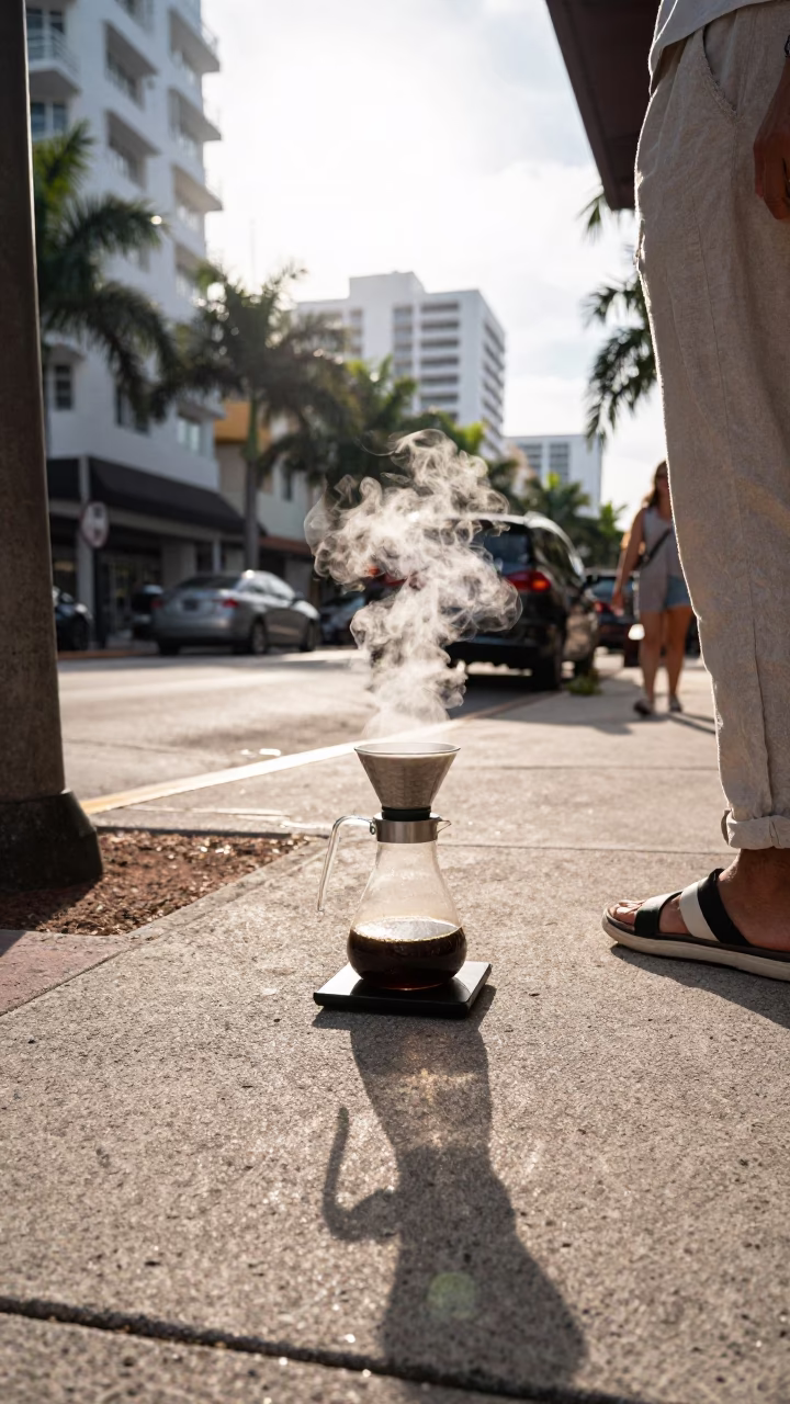 Coffee Ritual in Miami at As First Light Reaches The Scene in in Miami, Florida, United States