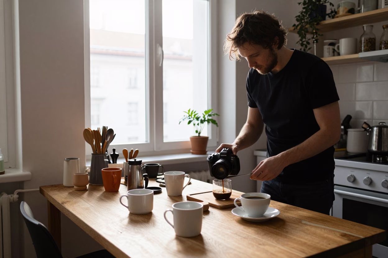 Coffee Ritual in Vienna at As First Light Reaches The Scene in in Vienna, Austria