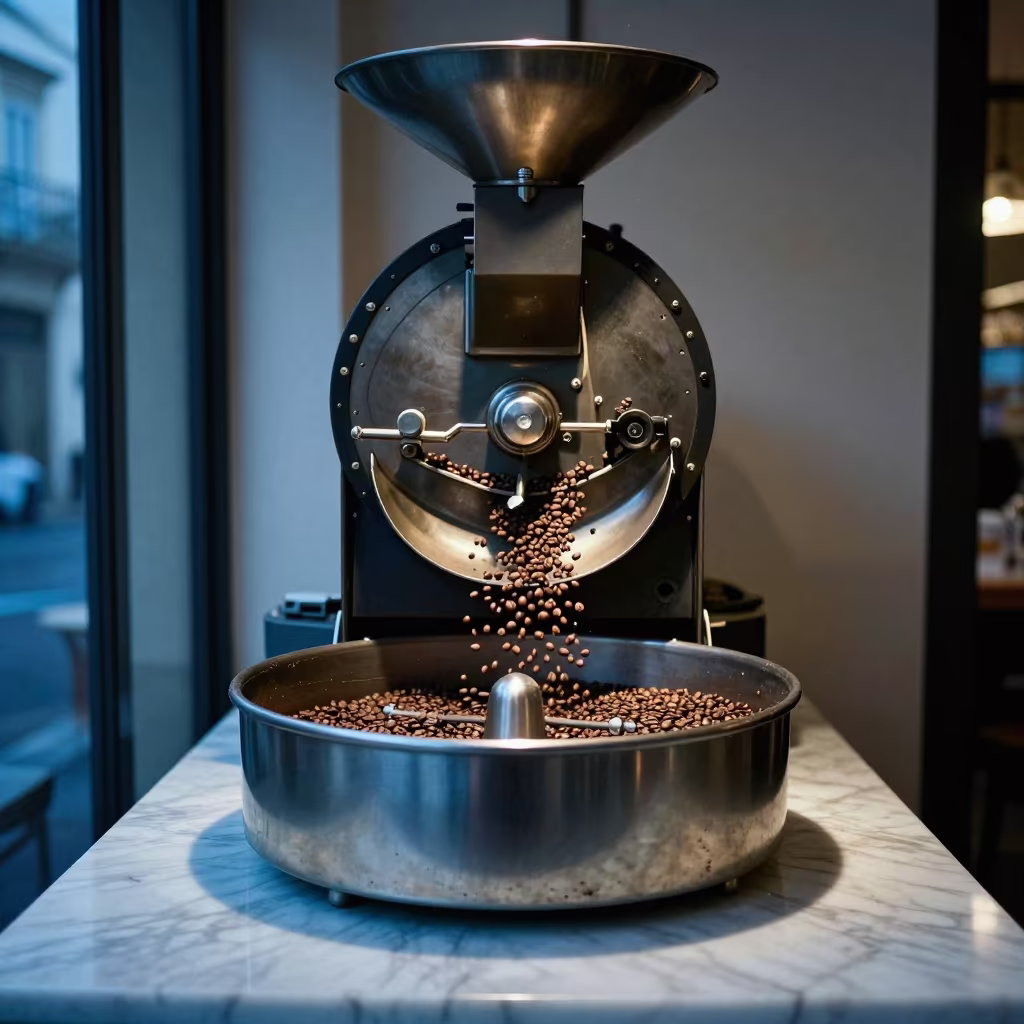 Coffee Roasting Beans on Marble Table at Twilight in on a marble cafe table in Foggia