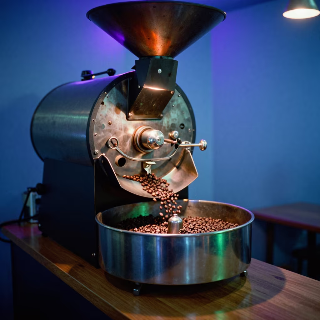 Coffee Roasting Drum in Evening Neon Nelson in at a coffee bar counter in Nelson