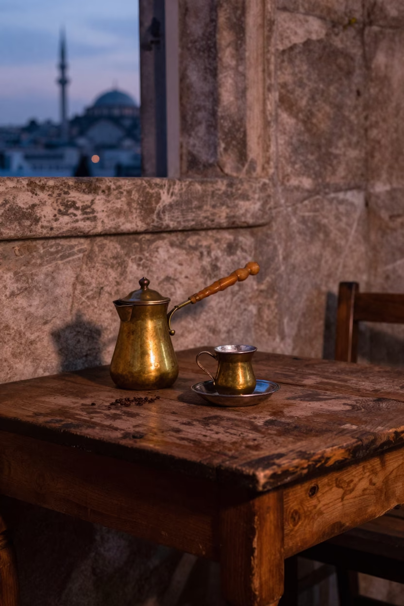 Coffee Setup in Istanbul at Copper-toned Light Before Dusk in in Istanbul, Turkey