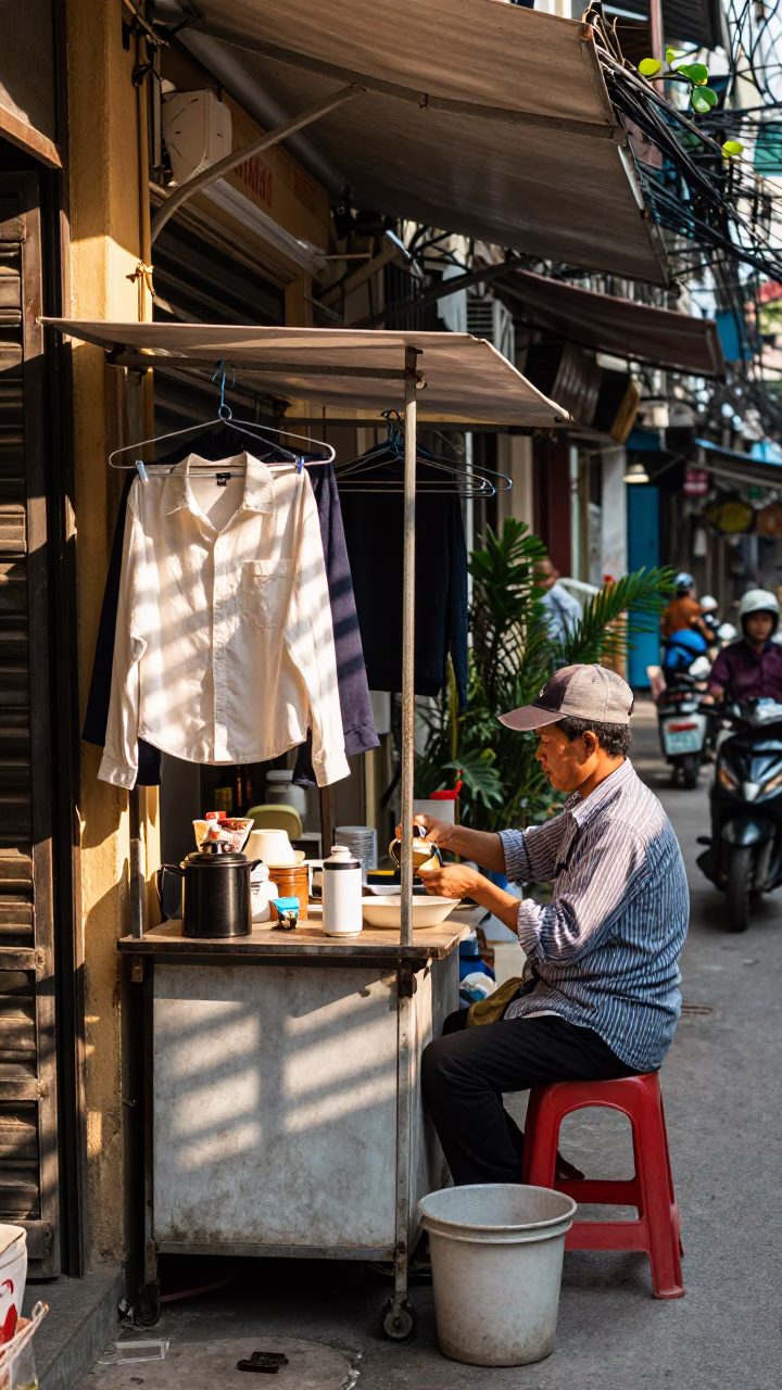 Coffee Stall in Hanoi at The Late Morning Light in in Hanoi, Vietnam