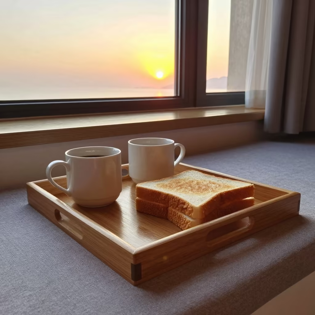 Coffee and Toast on Porch Swing at Sunset in on a reading nook cushion in Dalian