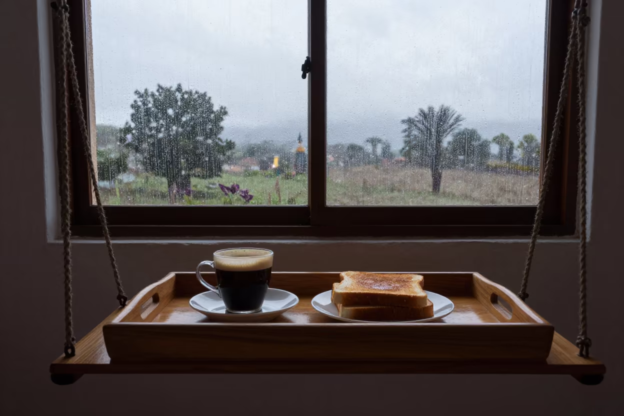 Coffee and Toast on Porch Swing Near Window in beside a rain-streaked window near Aguascalientes