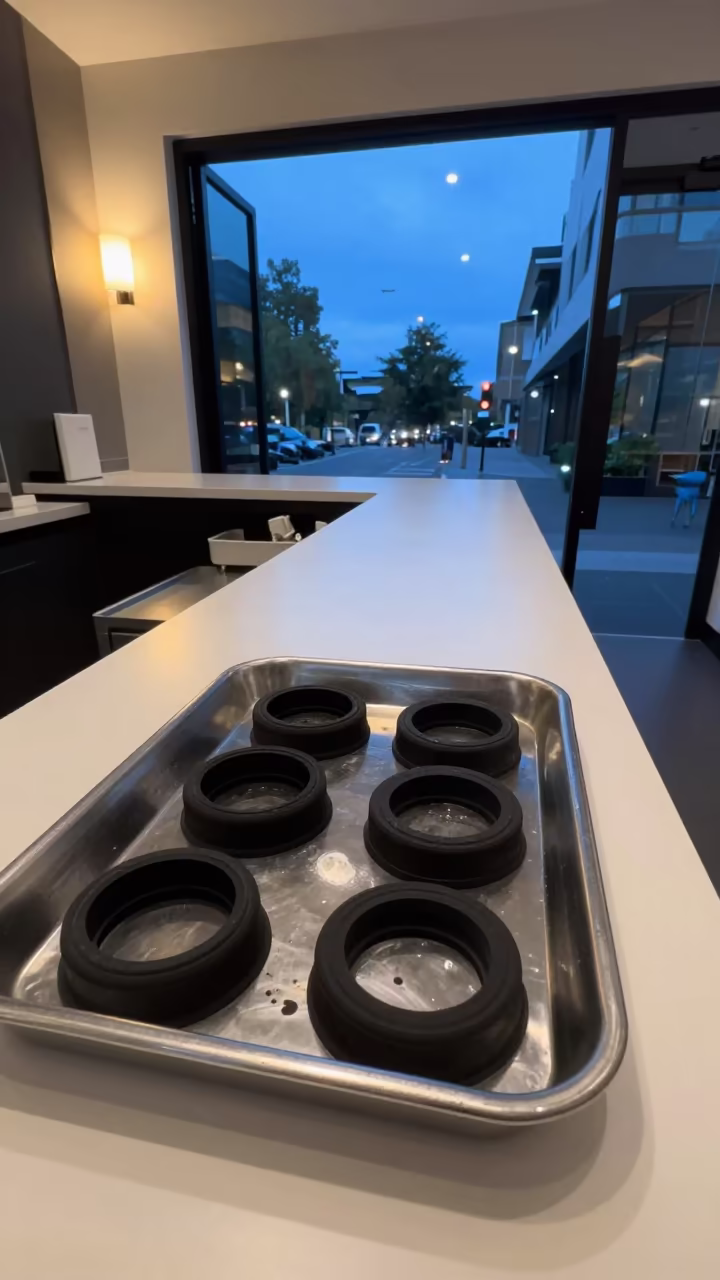 Coffee Urn Gaskets on Reception Desk Blue Hour in at a reception desk under warm light in Melbourne