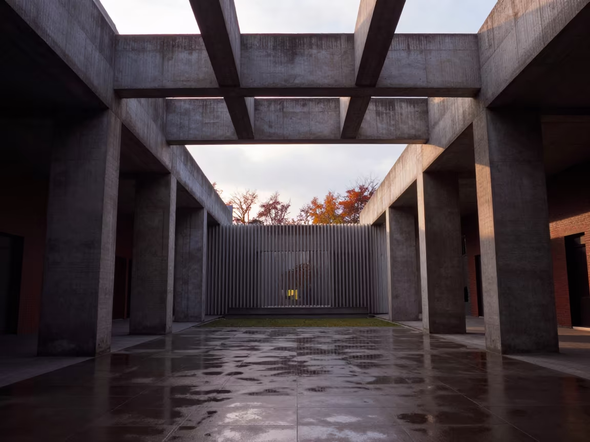 Coffered Concrete Courtyard Morning Shadow in inside a ribbed concrete lobby near Wuhan