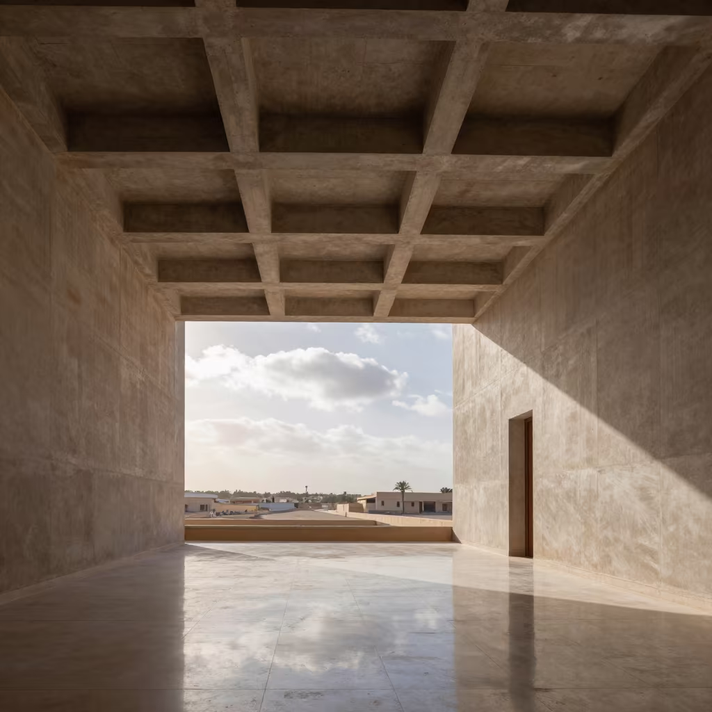 Coffered Concrete Vestibule Rabat Morning Light in inside a skylit passageway in Rabat
