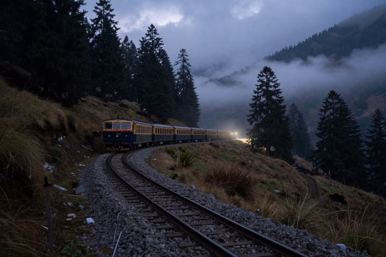 Cog Railway Car on Alpine Switchback at Predawn in along a switchback approach in Nepal