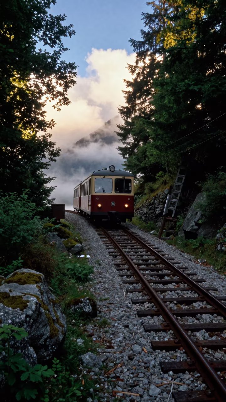 Cog Railway Climbing Foggy Tyrolean Harbor in beside a fogbound harbor mouth in Tyrol