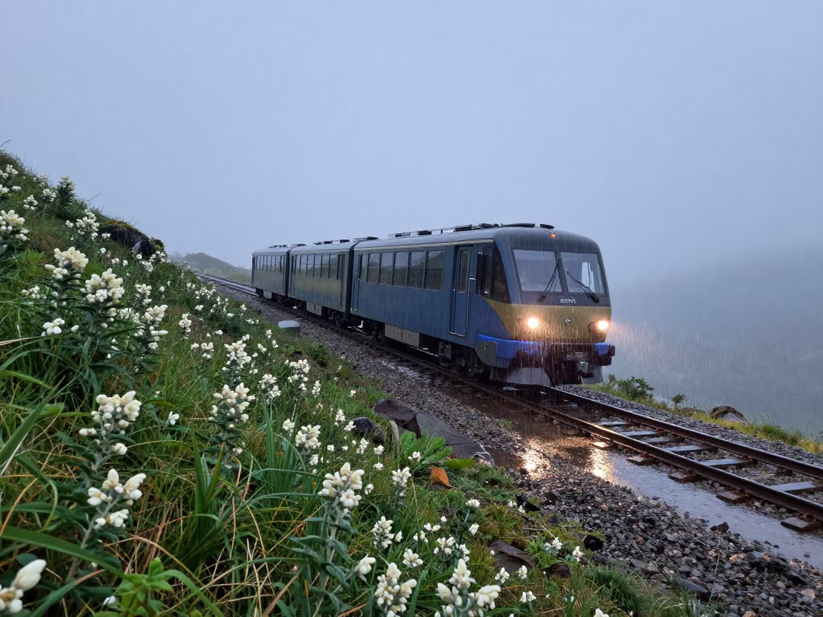 Cog Railway Climbing Wet Edelweiss Meadows at Dusk in on a wind-open causeway near Kitwe