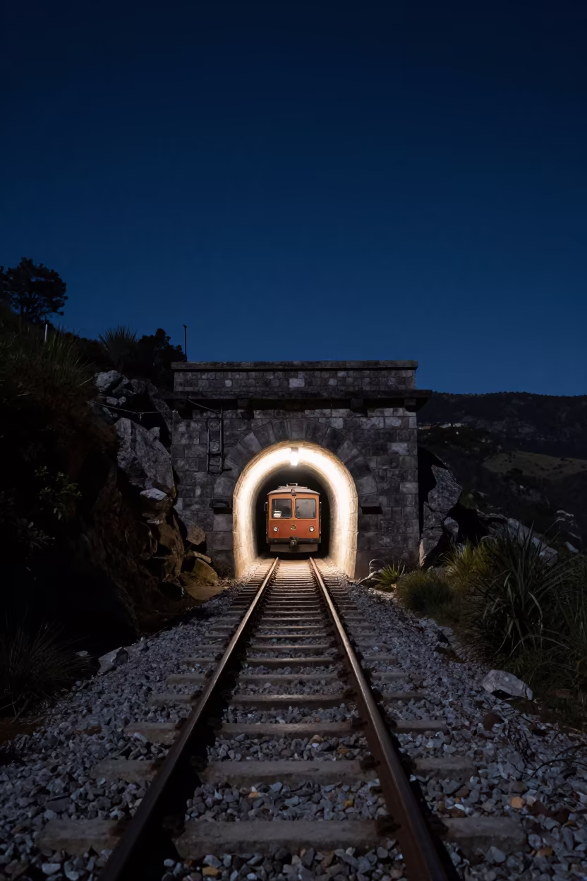 Cog Railway Ridge Tunnel Under Starlit Night Sky in on a wind-open causeway near Bogotá