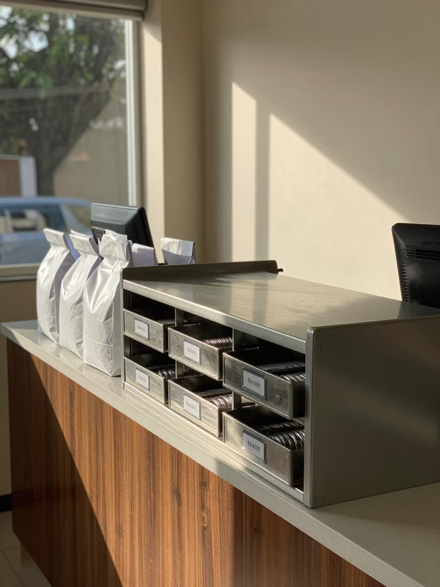 Coil Binding Drawer Before Busy Service Counters in at a cash wrap counter with bags stacked nearby in Recife
