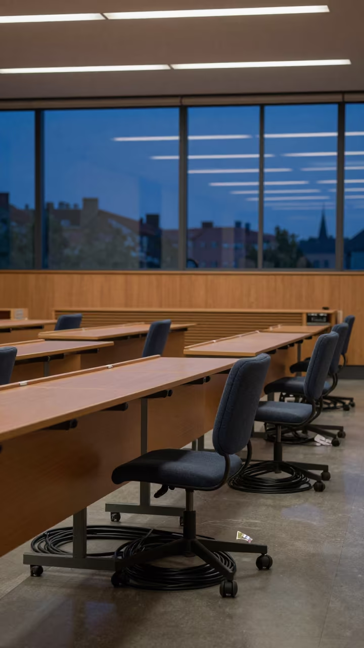 Coiled cables beneath chair in Munich lecture hall in in a lecture hall before the crowd arrives near Schwabing, Munich