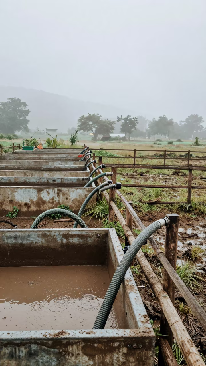 Coiled Hose Beside Wet Pen Arunachal Pradesh in along a muddy paddock fence in Arunachal Pradesh