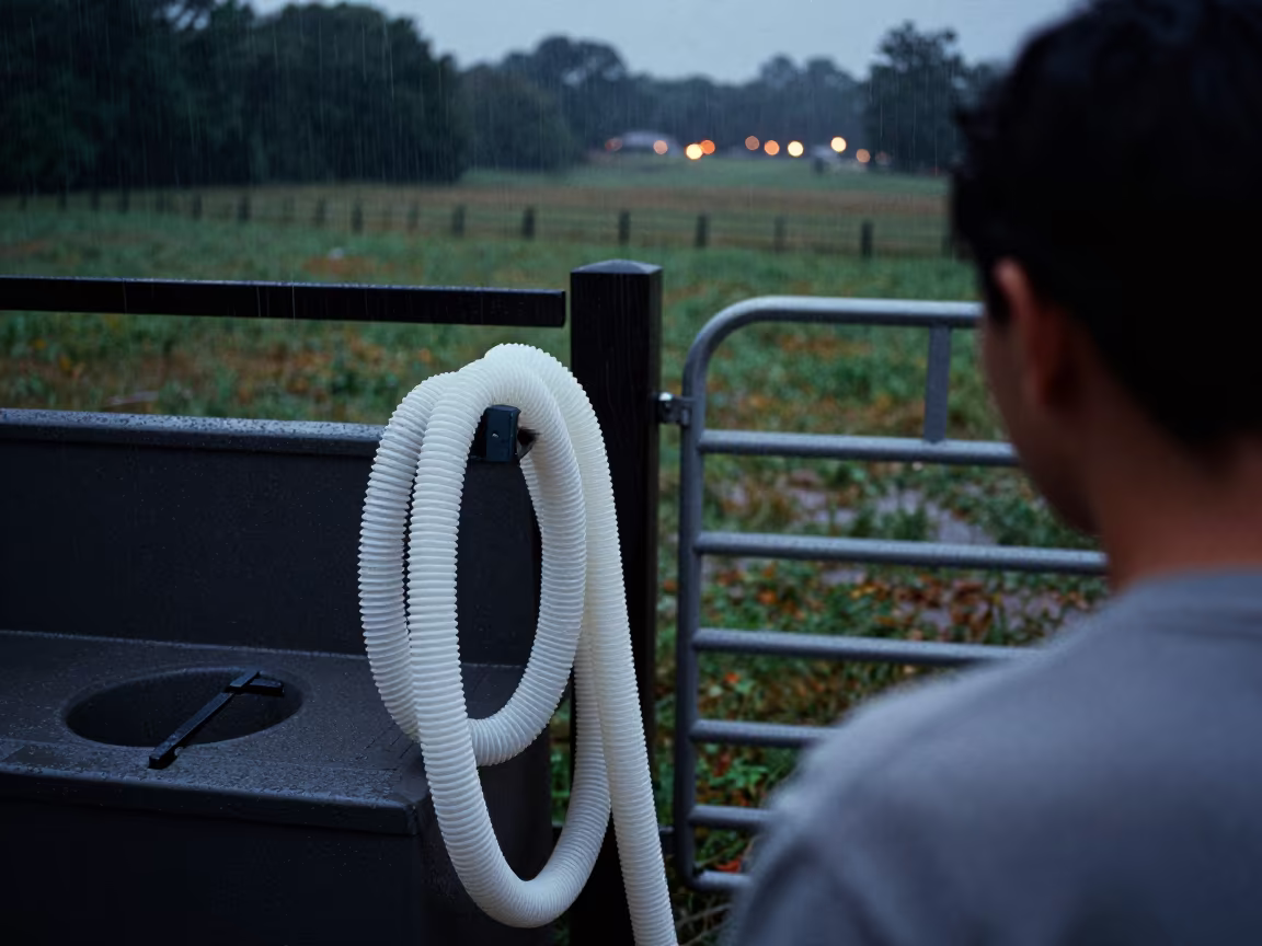 Coiled Hose Beside Wet Pen in Georgia Rain in beside a pasture gate in Georgia