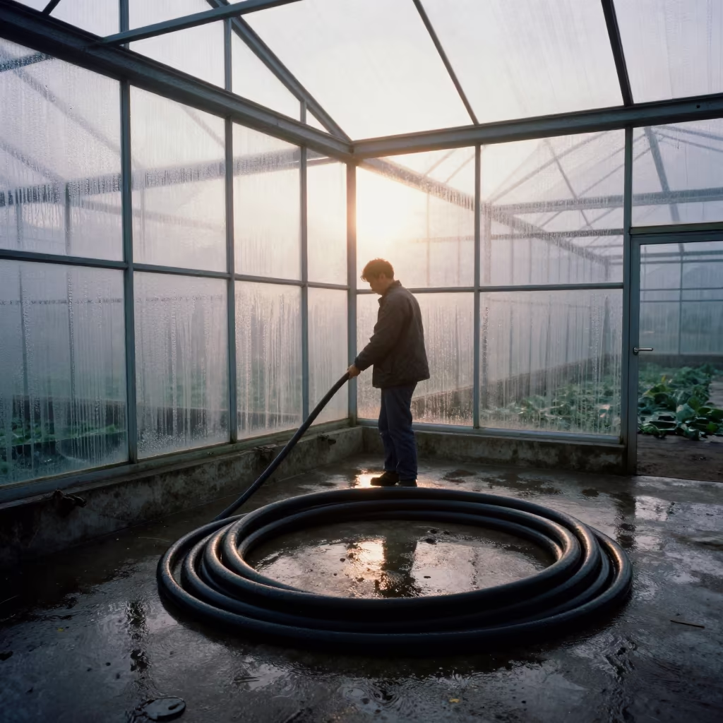 Coiled Hose on Wet Concrete in Chongqing Greenhouse in inside a humid greenhouse aisle in Chongqing