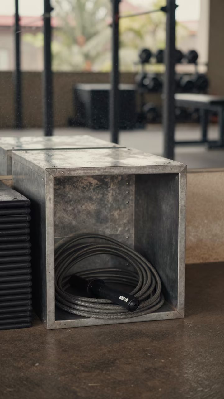 Coiled Jump Rope in Metal Cubby at Midday in inside a strength room near Umuahia