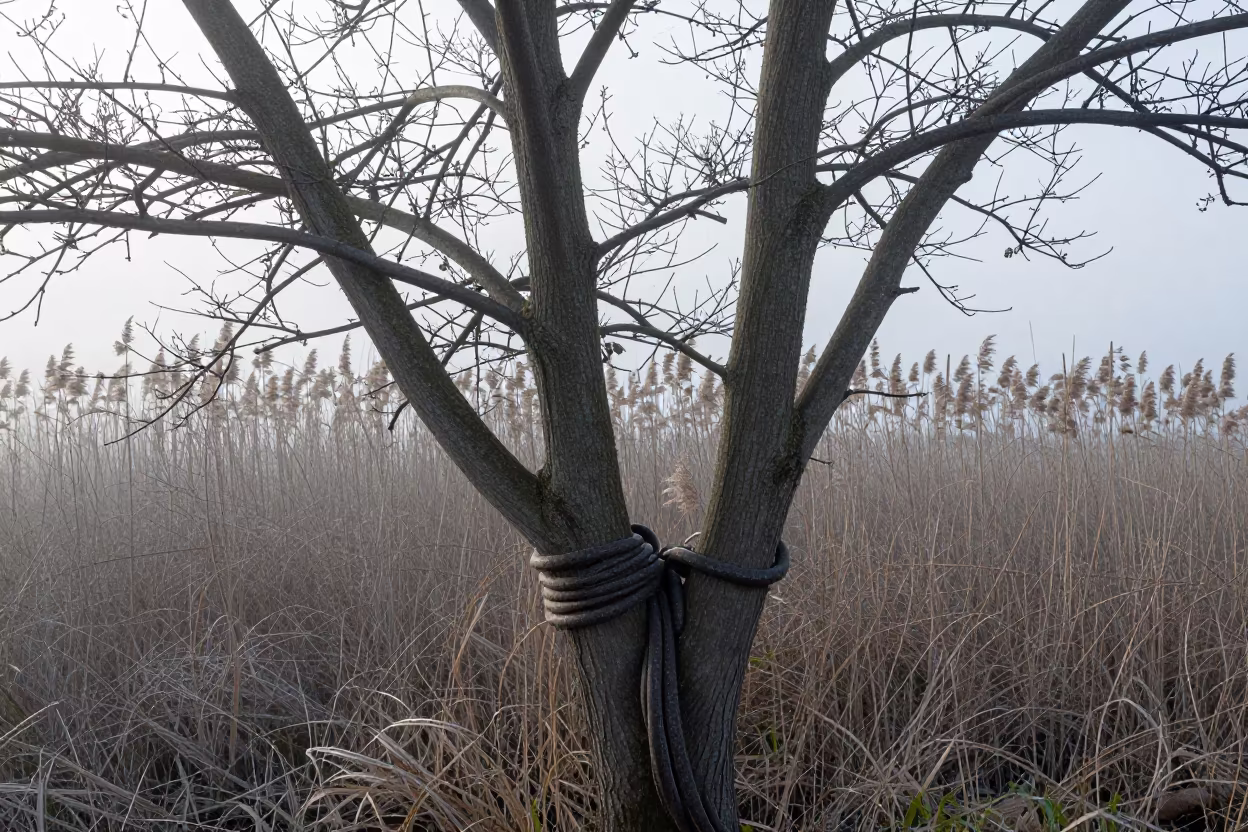 Coiled Python in Fig Tree Before Dawn Mist in at the edge of a reed bed near Gdansk