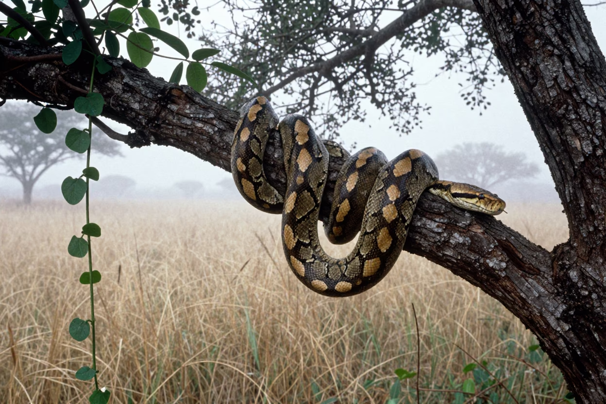 Coiled Python in Fig Tree Wet Season in at the edge of a reed bed near Keren