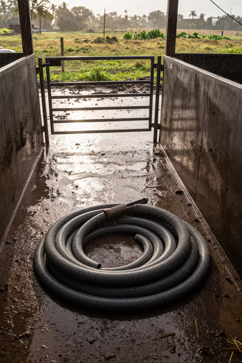 Coiled Scrubber Hose Beside Wet Pen in Nicaragua in beside a pasture gate in Nicaragua
