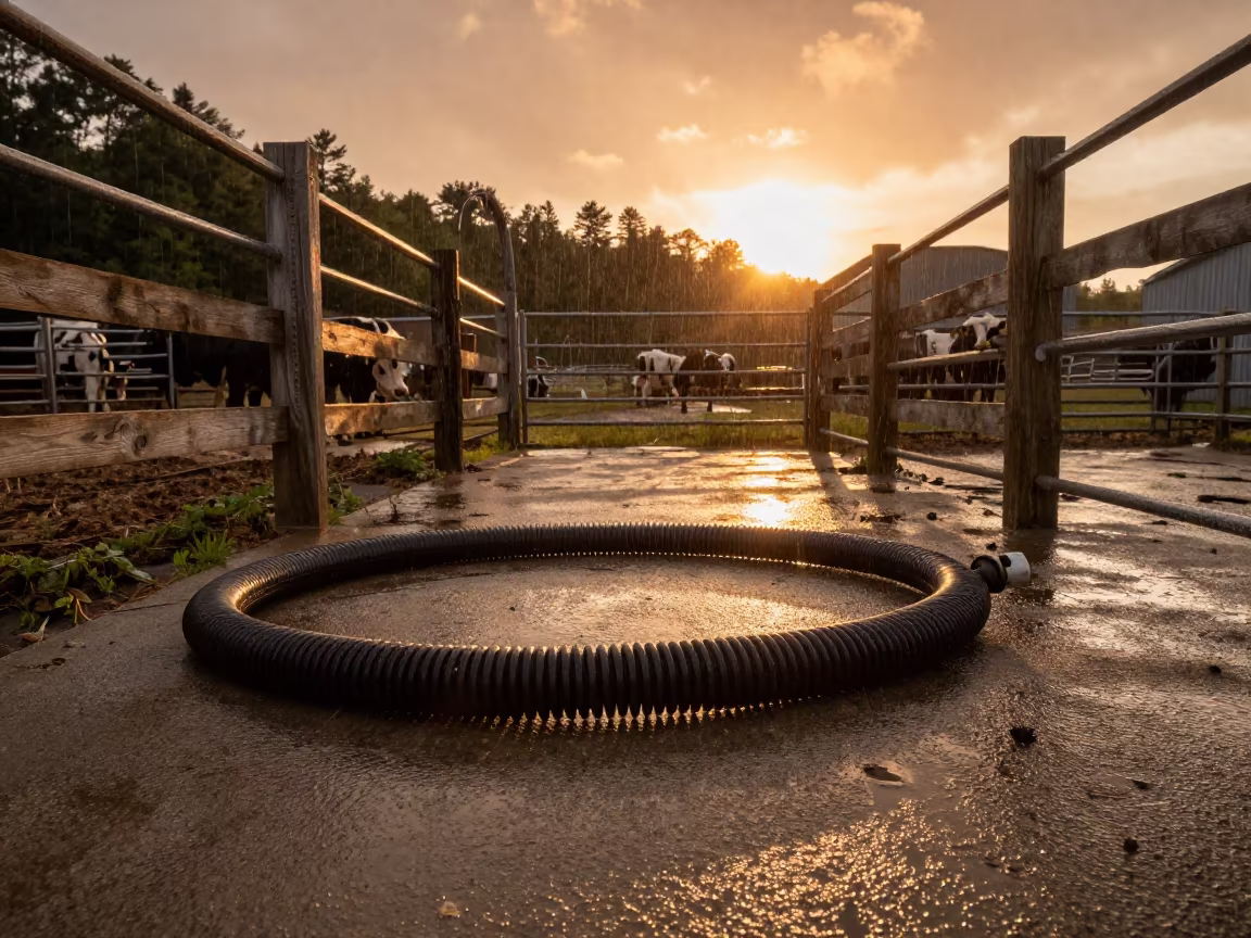 Coiled Scrubber Hose in Vermont Ranch Pen in inside a ranch corral in Vermont