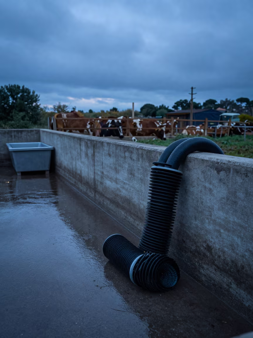 Coiled Scrubber Hose Near Wet Pen at Blue Hour in near a windbreak and water trough in the French Riviera