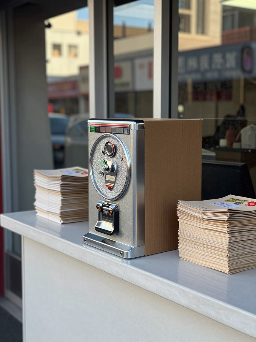 Coin Machine Jam Kit on Chinatown Honolulu Counter in at a cash wrap counter with bags stacked nearby in Chinatown, Honolulu