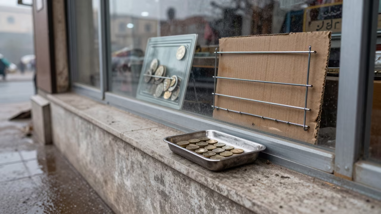 Coin Scale Tray Outside Najaf Shop Window in outside a shop window after rain in Najaf