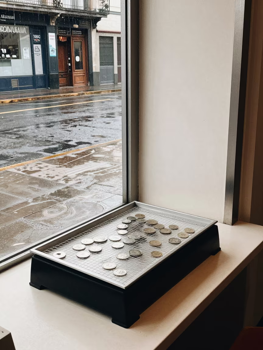 Coin Scale Tray Outside Shop Window After Rain in outside a shop window after rain near Mar del Plata