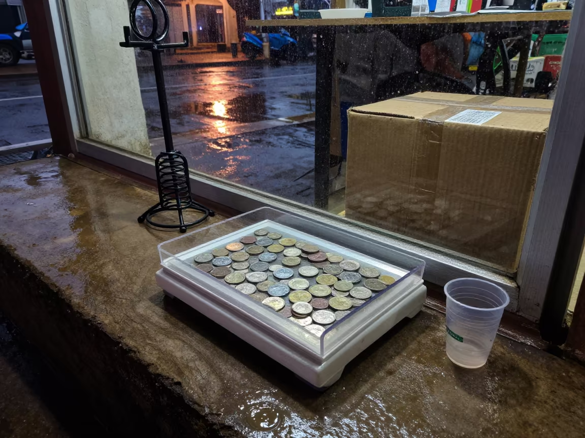 Coin Scale Tray Outside Shop Window Rainy Season in outside a shop window after rain in Mbuji-Mayi