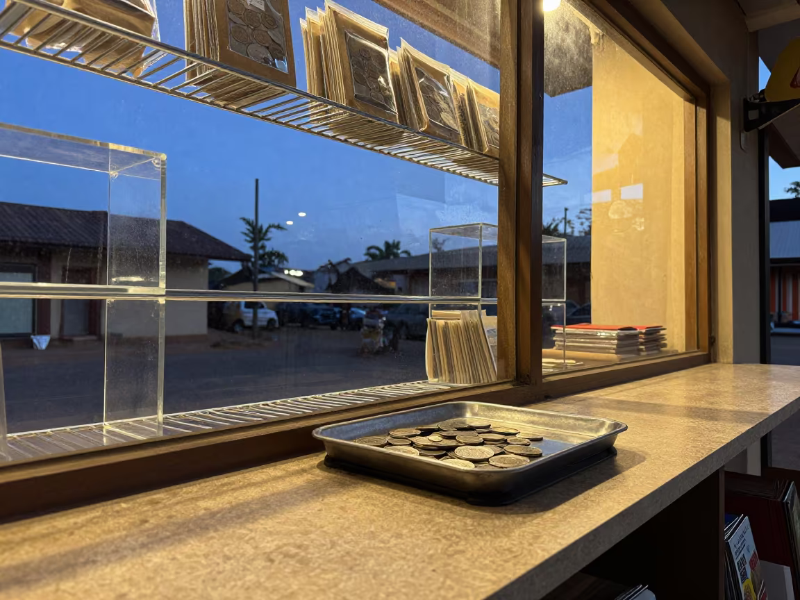 Coin Scale Tray Reflections in Moshi Shop Window in outside a lit retail frontage after dark in Moshi