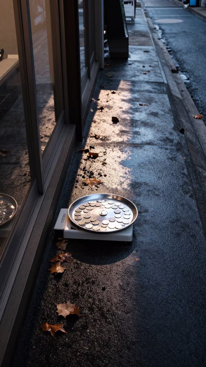 Coin Scale Tray Wet Pavement Evening Nagoya in outside a shop window after rain near Nagoya