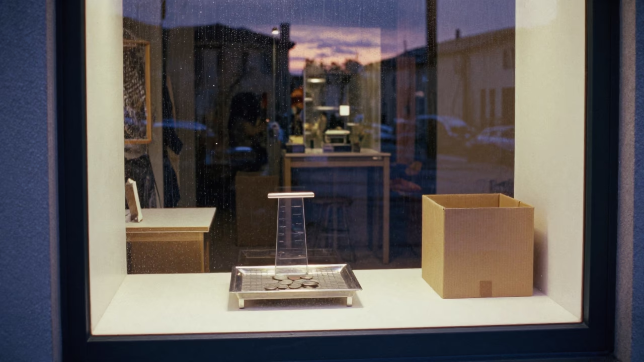 Coin Scale in Vicenza Rainy Twilight Reflection in outside a lit retail frontage after dark in Vicenza
