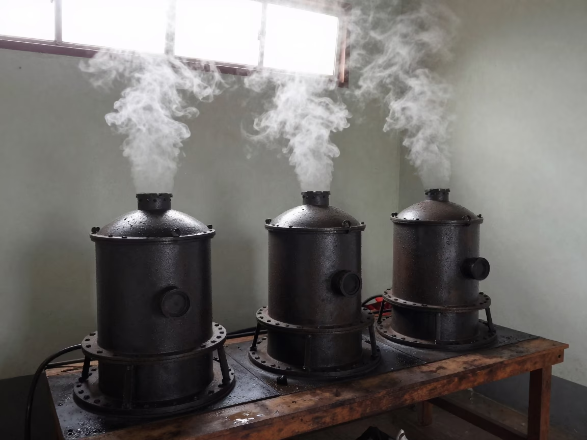 Coke Battery Steam Rising Over Wooden Bench in on a wooden workbench in Bidar
