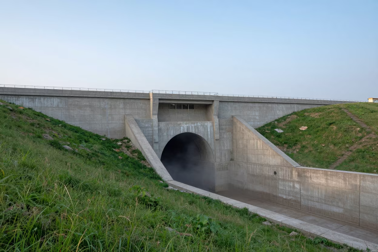 Cold Air Tunnel Portal Alpine Dam Morning in along a dam spillway in Bishkek