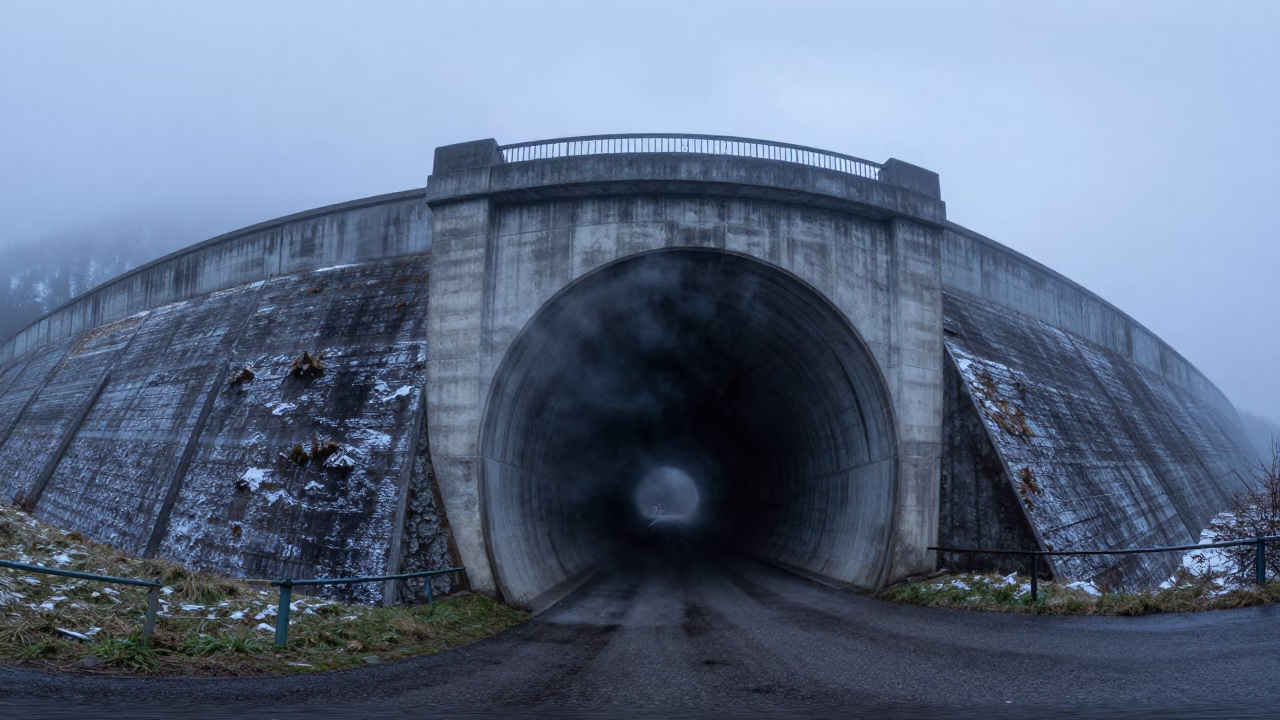 Cold Air Tunnel Portal Alpine Darkness Tyrol in along a dam spillway in Tyrol