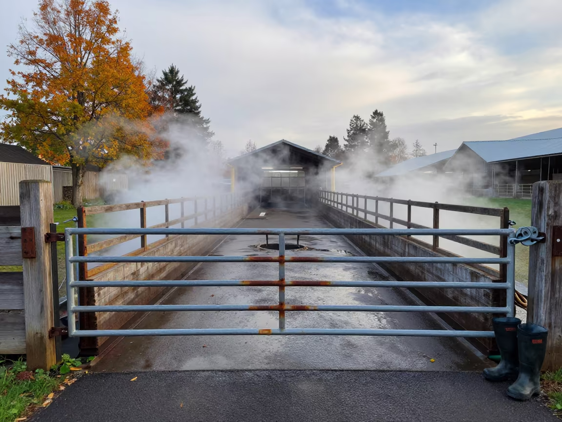 Cold Autumn Sheep Dip Gate at Oregon Stockyard in at a stockyard loading ramp in Oregon