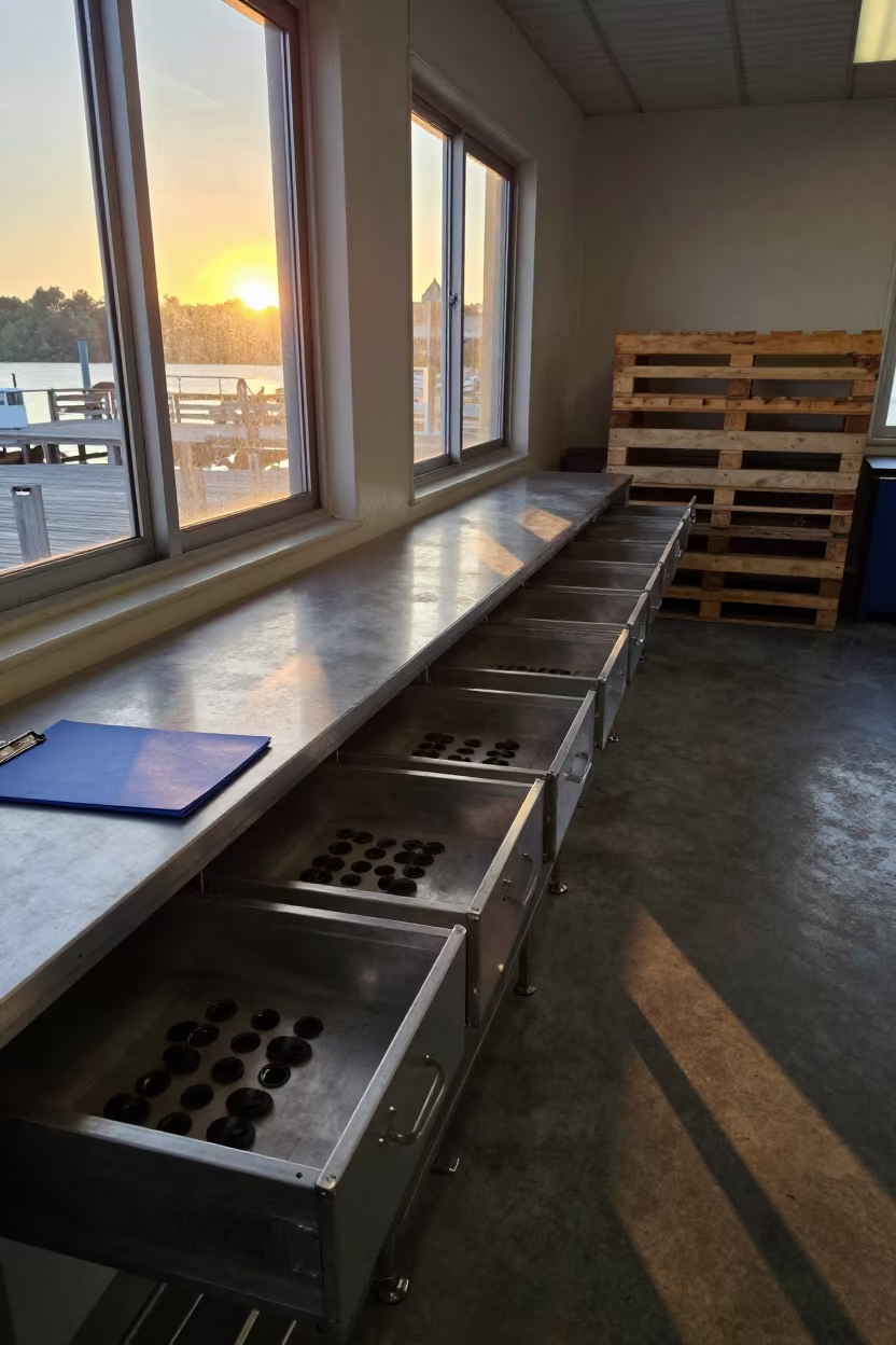 Cold Chain Gasket Drawer in Evening Dispatch Light in inside a dispatch office above the dock in Guadalupe